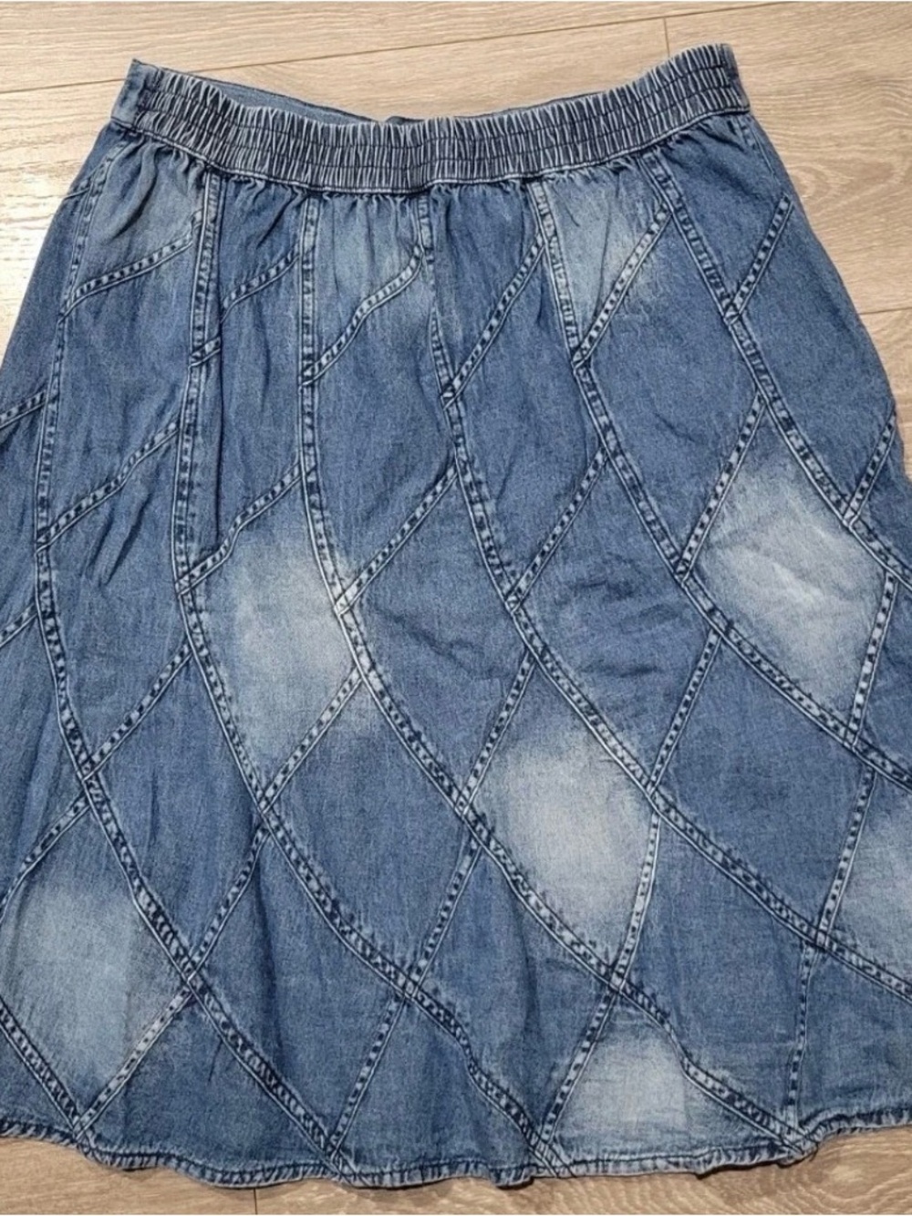 Vintage Studio West Denim Midi Skirt Patchwork Sz L Y2K Grunge Fairy Boho Retro